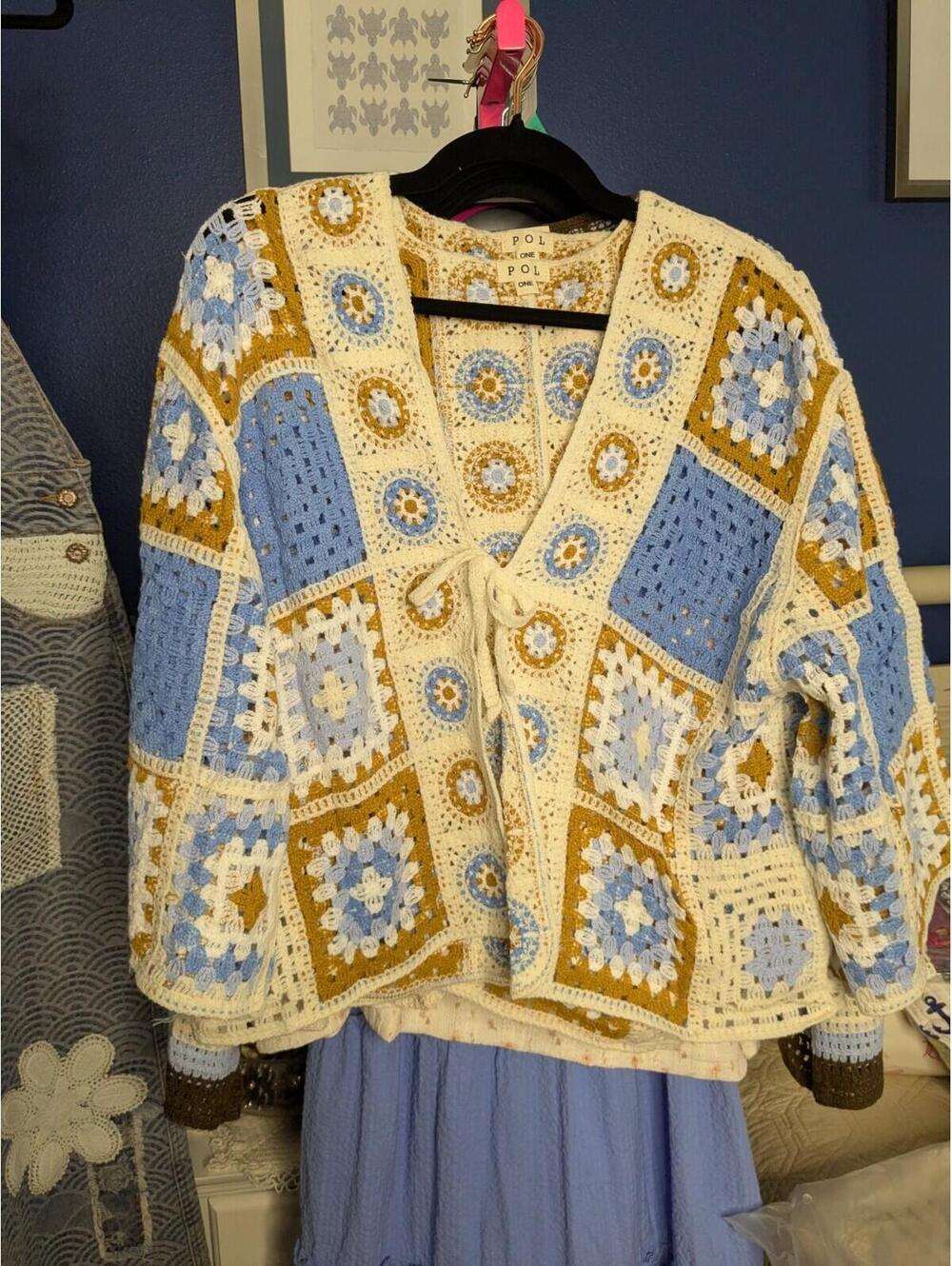 New Pol Fits S-XL OS  One Size Multi Crochet cardigan Top Jacket Tie Front Blue
